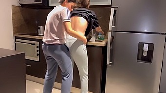 Aroused Wife Gets Vigorously Penetrated In The Kitchen While Doing Dishes, Reaching Orgasm Before Her Mother-In-Law Arrives
